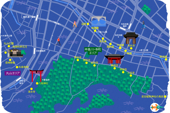 光のまちあるき 中島川、寺町丸山エリアのコースマップ