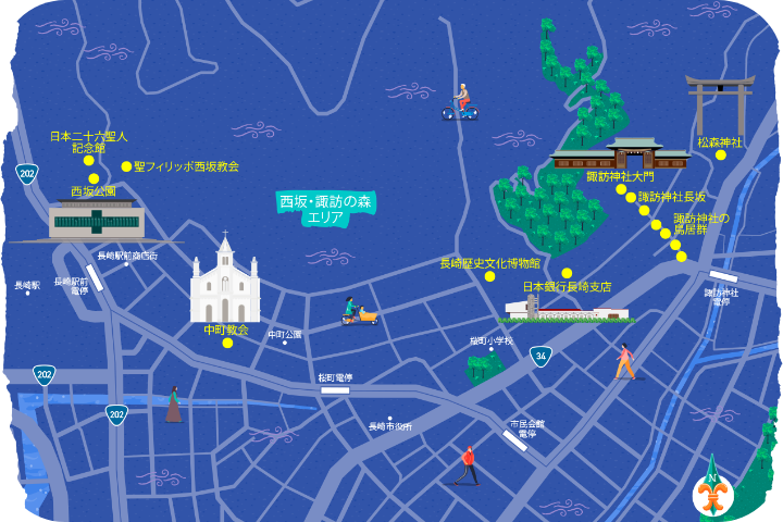 光のまちあるき 西坂、諏訪の森エリアのコースマップ